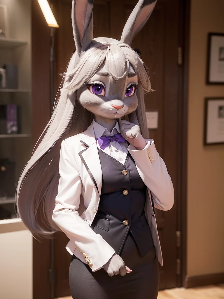 best quality,
masterpiece,
hyper Realistic,
ultra-detailed,
beautiful detailed,
4K,8K,High level,
PIXAR,
Photo real,
Portrait,
Looking at the audience,
background is an office,
Realistic lighting,
anthropomorphic rabbit,
detailed animals,
Complex patterns,
((whole body gray fur)),
(Face is JudyHopps:1.35),
((long straight hair)),
wispy bangs, bangs,
purple eyes,
(arched eyebrows:1.1),
(uplift eyebrows:1.1),
(rabbit ears:1.1),
office lady is wearing suit,
((White blouse)),
((Black blazer jacket)),
((Black skirt)),
clothes made of cotton,
(solo:1.5),
(1 lady:1.5),
one character only
alone,
Perfect Anatomy