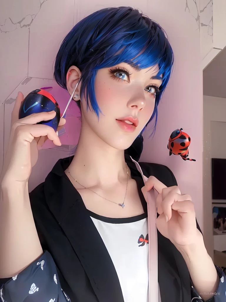 There is a blue-haired woman holding a toy and a cell phone., realistic cosplay, Miraculous ladybug, professional cosplay, Ilya Kuvshinov and Artgerm, anime inspired, anime girl in real life, alena aenami and artgerm, Miraculous, glamorous cosplay, ladybug as monster, anime realism style, chica anime cosplay, cosplay completo