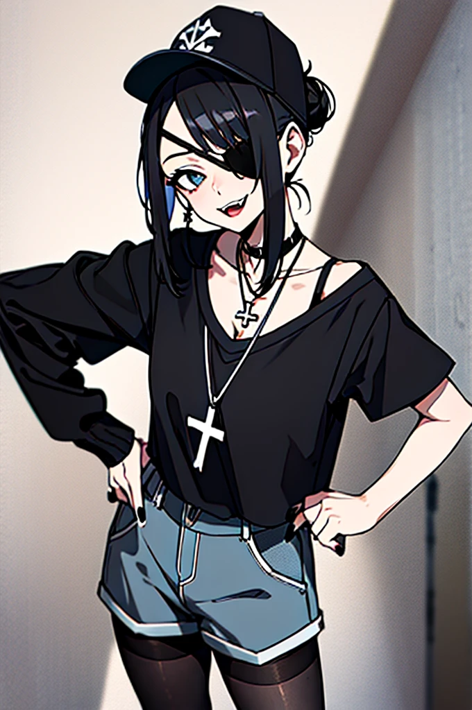 (Absurd, 8K, 4K, masterpiece, Extremely detailed:1.2), Highest quality, Expressive eyes, High resolution, Perfect Eyes, One girl, Perfect Face, Perfect hands, Long Hair, Black Hair, Braided bun, Hair Bun, Large bust, Crazy Face, Crazy Eyes, crazy smile, Eye patch, Gothic, Cross Necklace, Black Shirt, Streetwear, pantyhose, Baseball cap, Curious, Half Body, Streetwear, Graphic T-shirts, Are standing, Leaning against a wall, Gothic, Pale skin, No background, Absurd品質, Shocked, Concerned, Confused, Tilt your head, cowboy_shot, Shorts, Cleavage, Short shirt, Fang teeth, Black nails, black Eye patch, smile, black pantyhose,、In a completely different expression