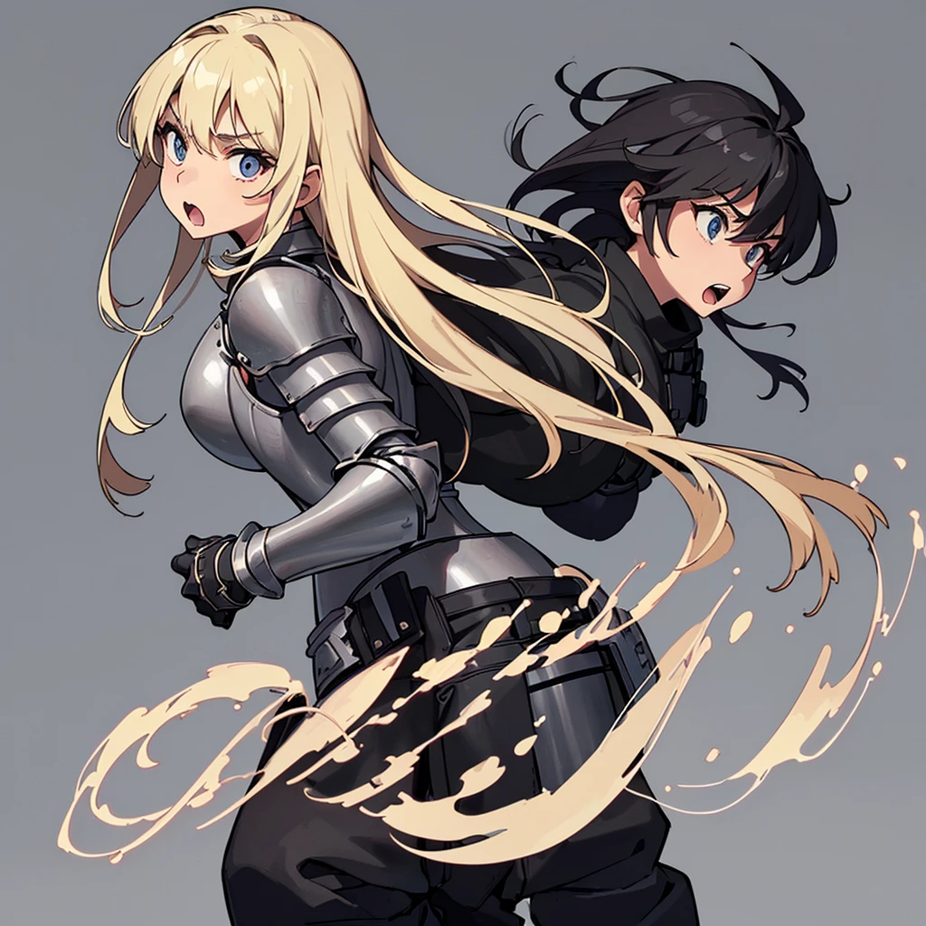 (((Solo)))、Highest quality, Best Quality、(((Gray simple armor、Black trousers))、(woman、18-year-old)、(Blonde、Long Hair)、(Cowboy Shot)、(Simple Background)、(Surprised、Open your mouth)、(front)