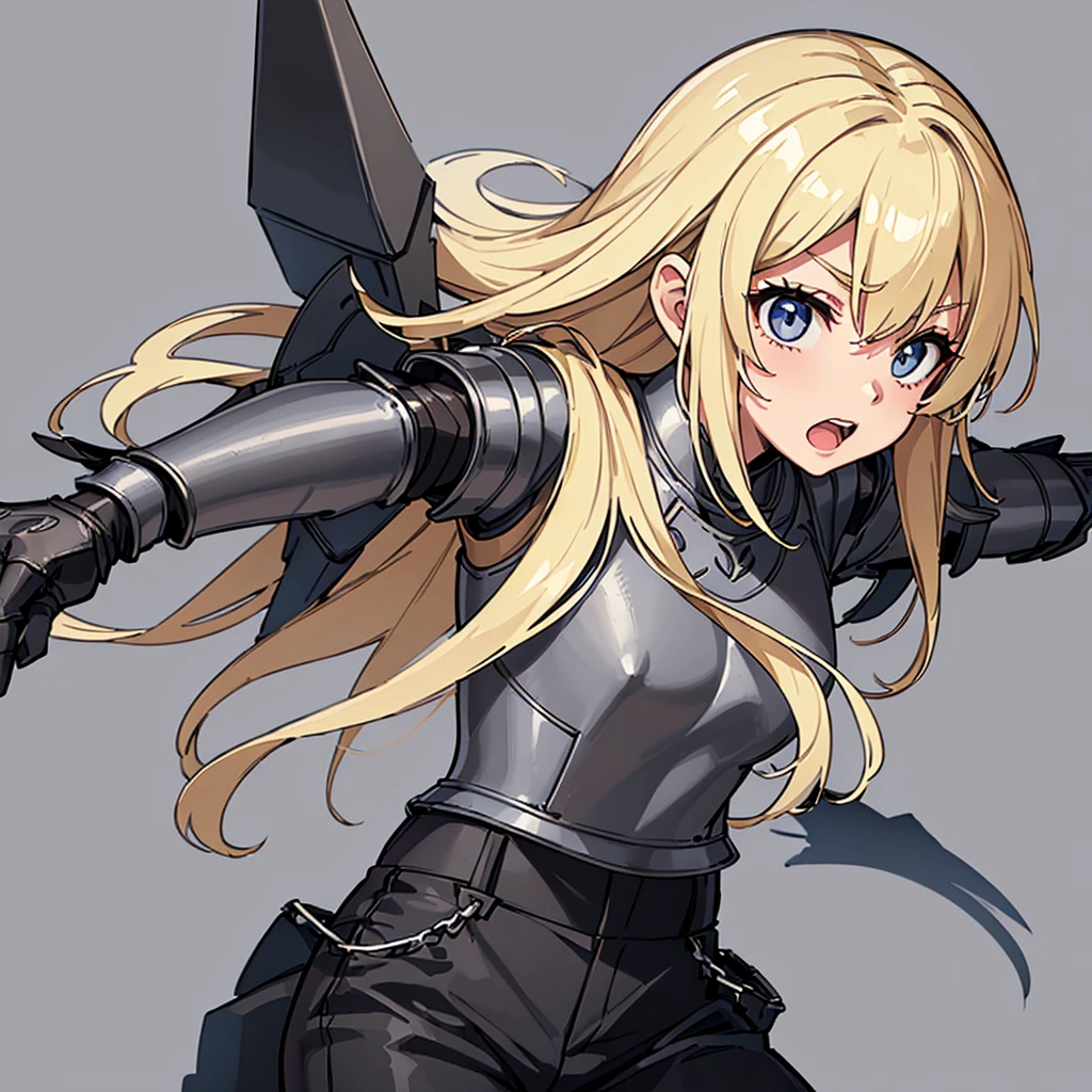 (((Solo)))、Highest quality, Best Quality、(((Gray simple armor、Black trousers))、(woman、18-year-old)、(Blonde、Long Hair)、(Cowboy Shot)、(Simple Background)、(get annoyed)、(anxiety、Puzzled、Sweat)
