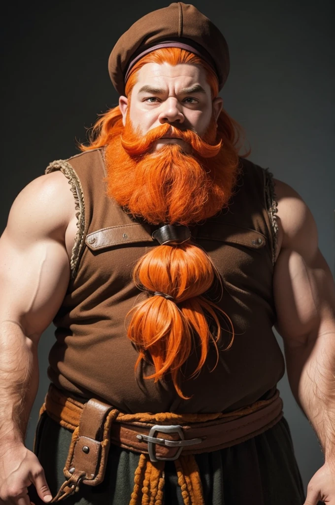 a dwarf with orange hair and beard, strong arms, 2D style
