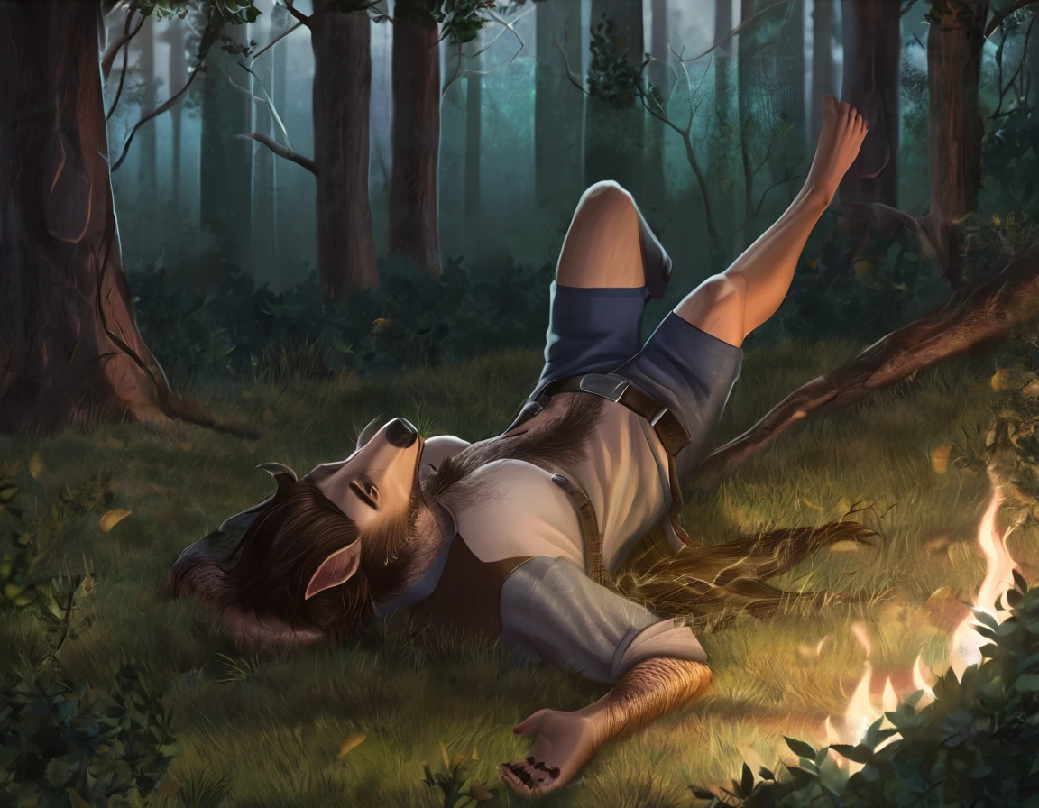 (2023:1), (best_quality:1), (high_quality:1), (absurd_res:1), (hi_res:1), (detailed:1) ,(Solo), man mid transformation into anthro male worgen, detailed, best art, masterpiece, quality, newest, forest at nightbackground, torn clothes, [partially human], muscular, painful expression, by taran fiddler, howling looking up, 