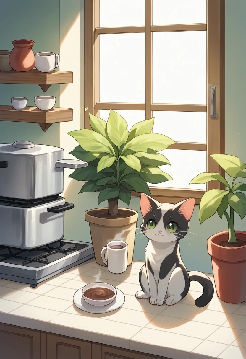 SD Main, Flat Illustration,
masterpiece, Highest quality, cooking, Cat，Girl,  plant, heart, potted plant, White Background, coffee mug, Sitting, alone, kitchen，アイランドkitchen，Making sweets，cooking作っている
 