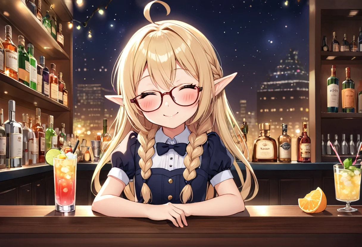 ((pov:1.5)), ((petite:1.5)), solo, ****, party dress, long hair, happy smile, glossy blonde hair, closed eyes, ahoge, glasses, elf, ((blush)), Cocktail, table, bar, counter, night, ((bartender)), single braid