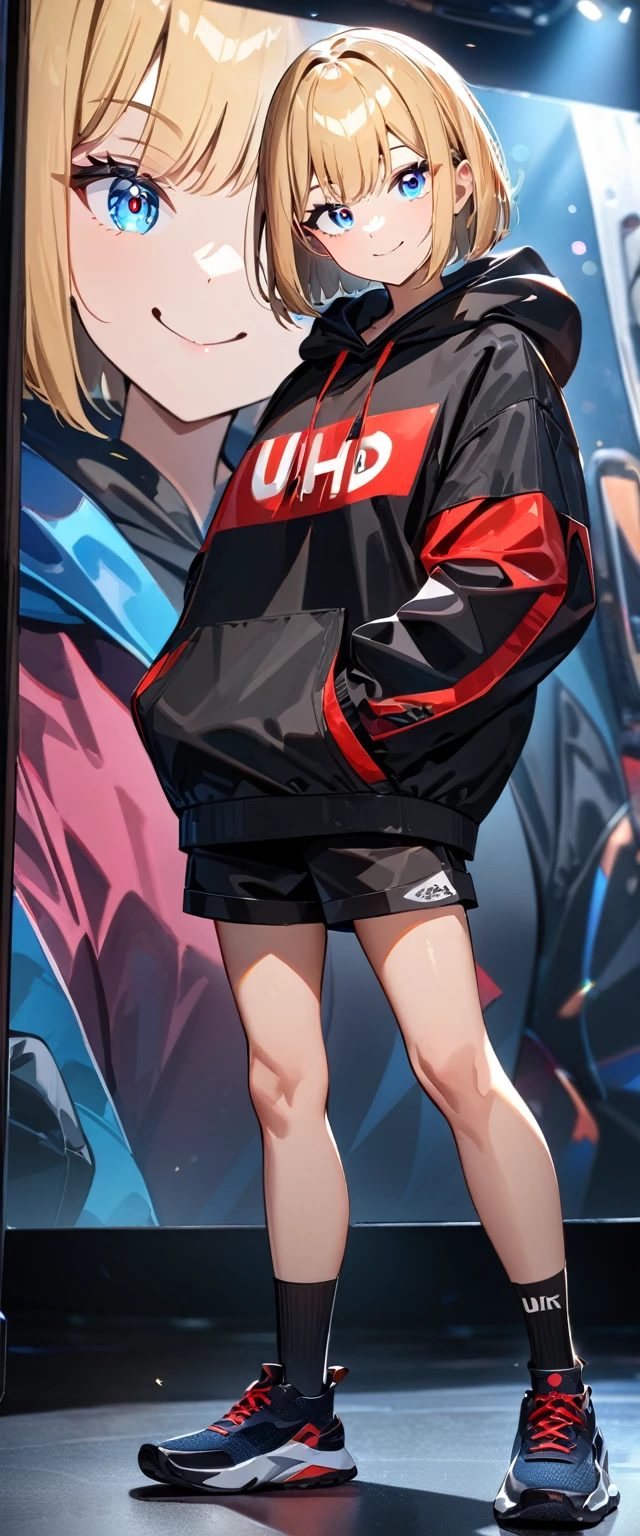 (((One girl))), blond hair, bob cut, (looking at viewer), breasts, teenager, head tilt:1.3, (((blue eye))), (from side), hand in pocket, ((happy smile)), black hoodie, black shorts, dark high cut sneakers, black ankle socks, anime style, (best quality, 4k, 8k, highres, masterpiece:1.2, ultra-detailed, ultra-detailed eyes, HDR, UHD, studio lighting, ultra-fine painting, sharp focus, physically-based rendering, extreme detail description, professional, vivid colors, bokeh)