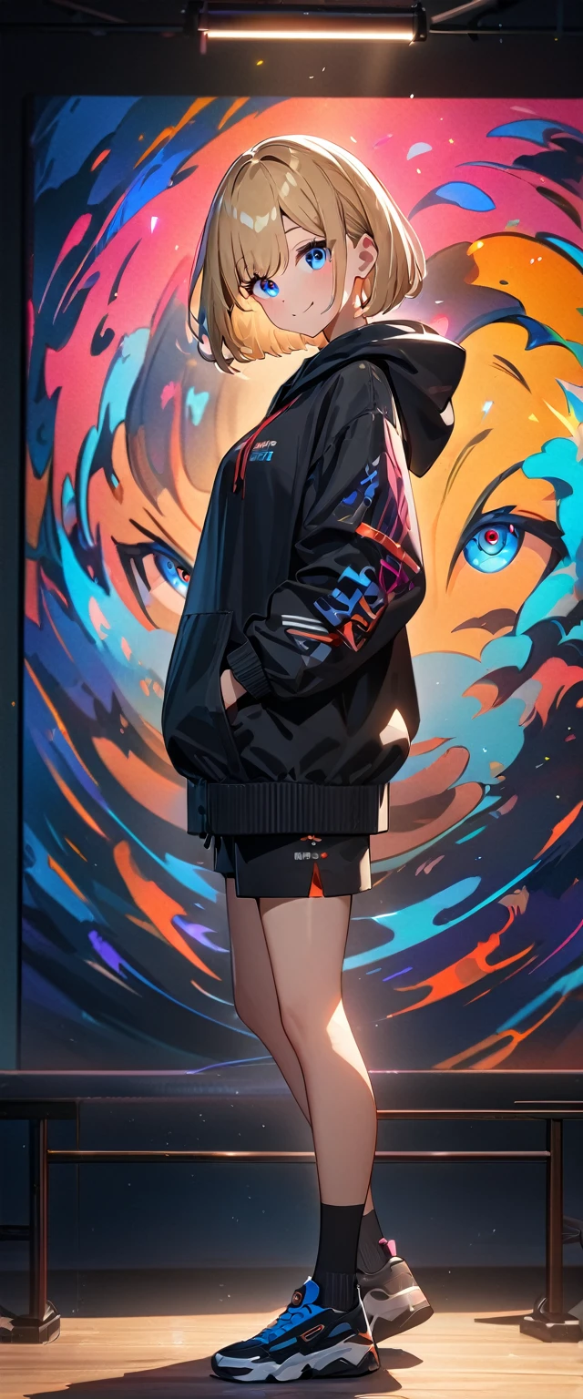 (((One girl))), blond hair, bob cut, (looking at viewer), breasts, ager, head tilt:1.3, (((blue eye))), (from side), hand in pocket, ((happy smile)), black hoodie, black shorts, dark high cut sneakers, black ankle socks, anime style, (best quality, 4k, 8k, highres, masterpiece:1.2, ultra-detailed, ultra-detailed eyes, HDR, UHD, studio lighting, ultra-fine painting, sharp focus, physically-based rendering, extreme detail description, professional, vivid colors, bokeh)