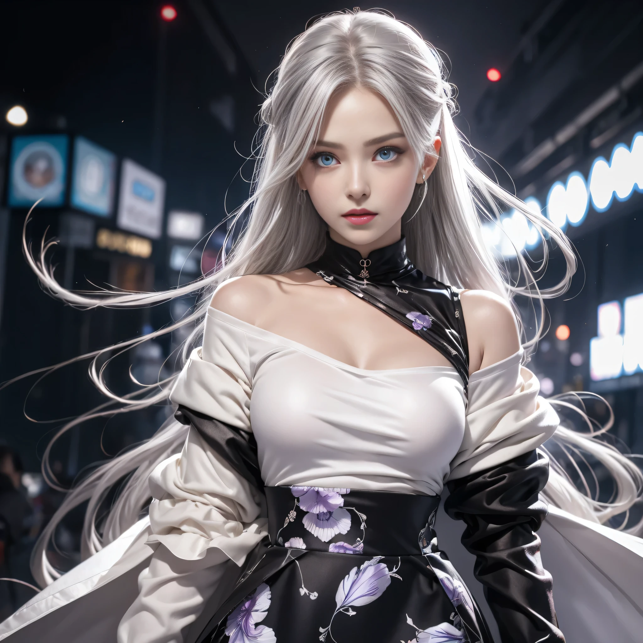 double whirlwind pattern design garment,Iris heterochromatic pupil,silver-haired girl,free high resolution,off shoulders、