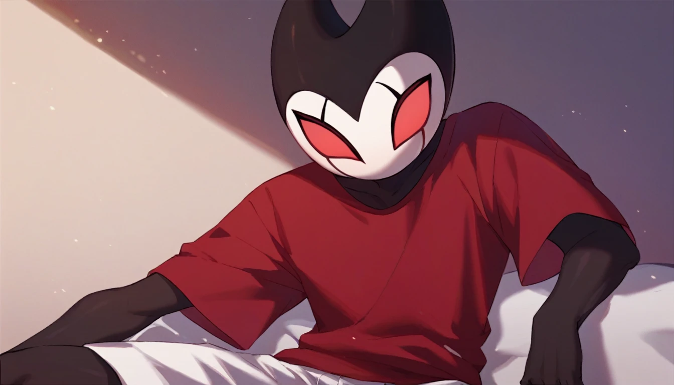 score_9, score_8_up, score_7_up, score_6_up, zPDXL2, grimm \(hollow knight\), vampire, bat, 1boy, solo, cute face, detailed eyes, red t-shirt, white shorts, male focus, portrait