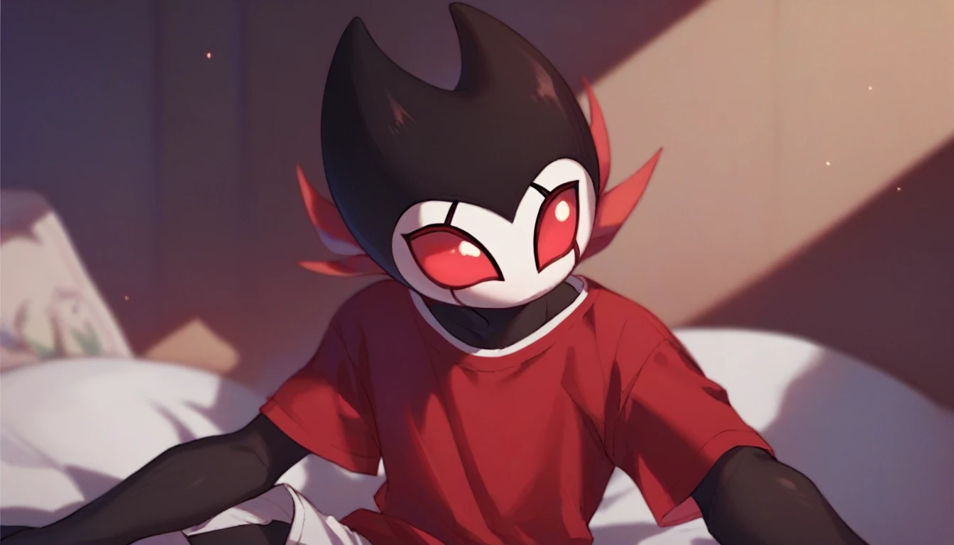 score_9, score_8_up, score_7_up, score_6_up, zPDXL2, grimm \(hollow knight\), vampire, bat, 1boy, solo, cute face, detailed eyes, red t-shirt, white shorts, male focus, portrait