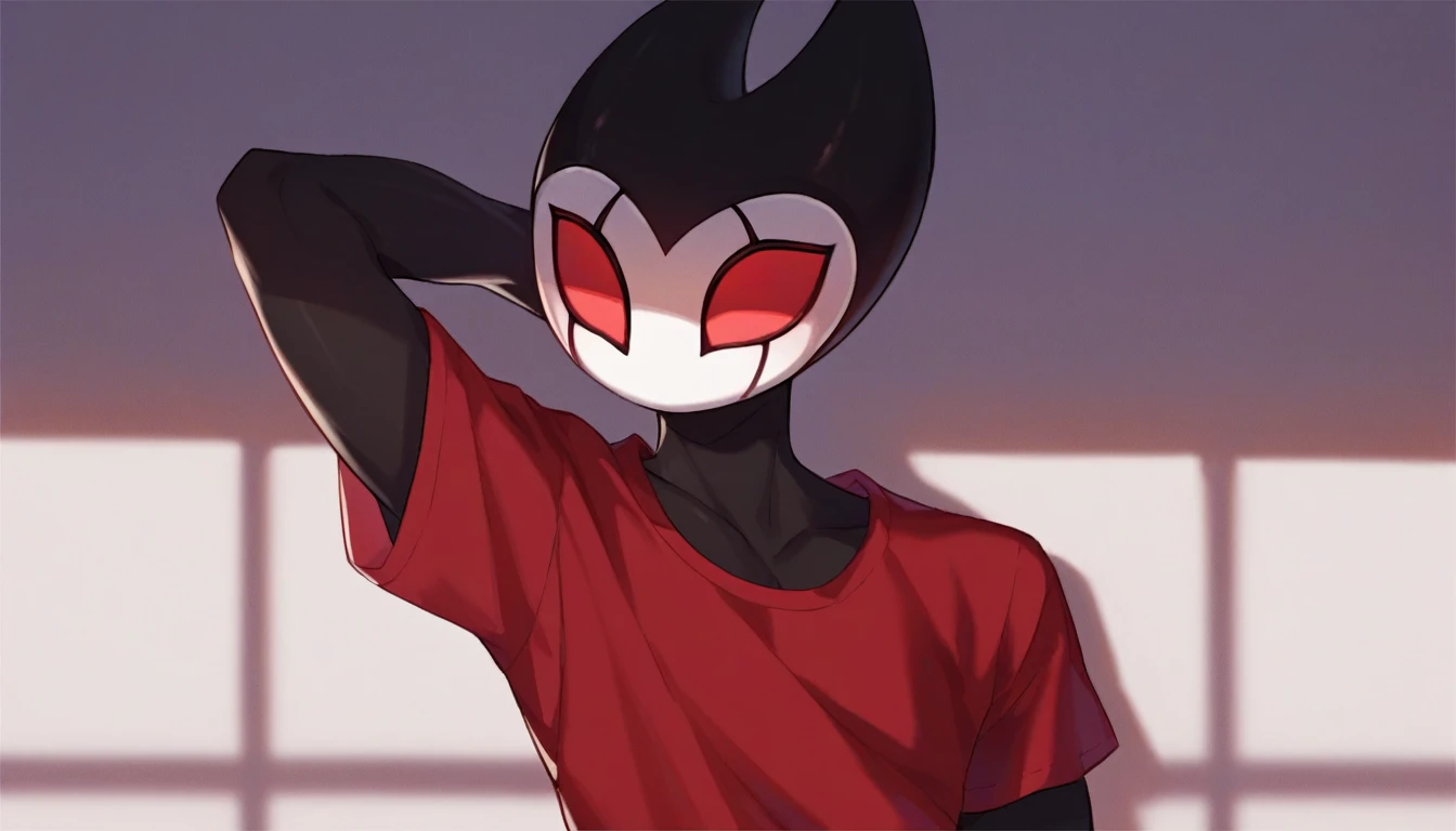 score_9, score_8_up, score_7_up, score_6_up, zPDXL2, grimm \(hollow knight\), vampire, bat, 1boy, solo, cute face, detailed eyes, red t-shirt, white shorts, male focus, portrait