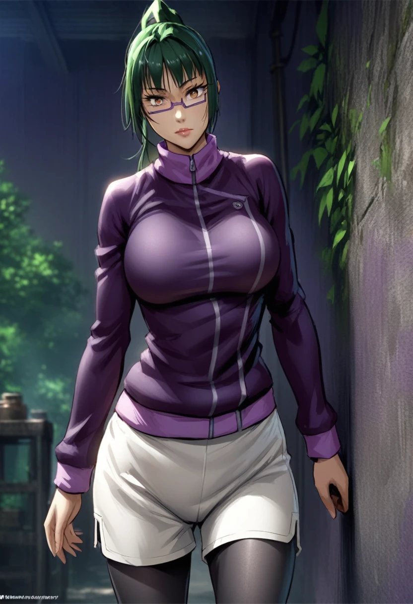 hmanga, (masterpiece, finely detailed beautiful eyes : 1.2), hdr, realistic, high resolution, (best quality, masterpiece:1.2), ultra detailed, (anime), 1girl, maki exp, green hair, ponytail, long hair, brown eyes, purple glasses, side locks, large breasts, lips, purple jacket, long sleeves, white shorts, leggings, leggings under shorts, standing, (front view),