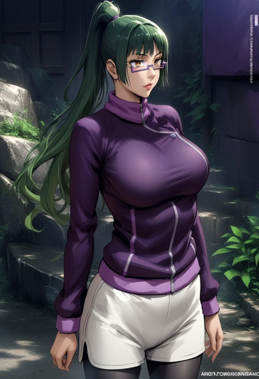 hmanga, (masterpiece, finely detailed beautiful eyes : 1.2), hdr, realistic, high resolution, (best quality, masterpiece:1.2), ultra detailed, (anime), 1girl, maki exp, green hair, ponytail, long hair, brown eyes, purple glasses, side locks, large breasts, lips, purple jacket, long sleeves, white shorts, leggings, leggings under shorts, standing, (front view),
