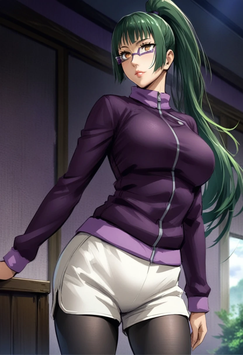 hmanga, (masterpiece, finely detailed beautiful eyes : 1.2), hdr, realistic, high resolution, (best quality, masterpiece:1.2), ultra detailed, (anime), 1girl, maki exp, green hair, ponytail, long hair, brown eyes, purple glasses, side locks, large breasts, lips, purple jacket, long sleeves, white shorts, leggings, leggings under shorts, standing, (front view),
