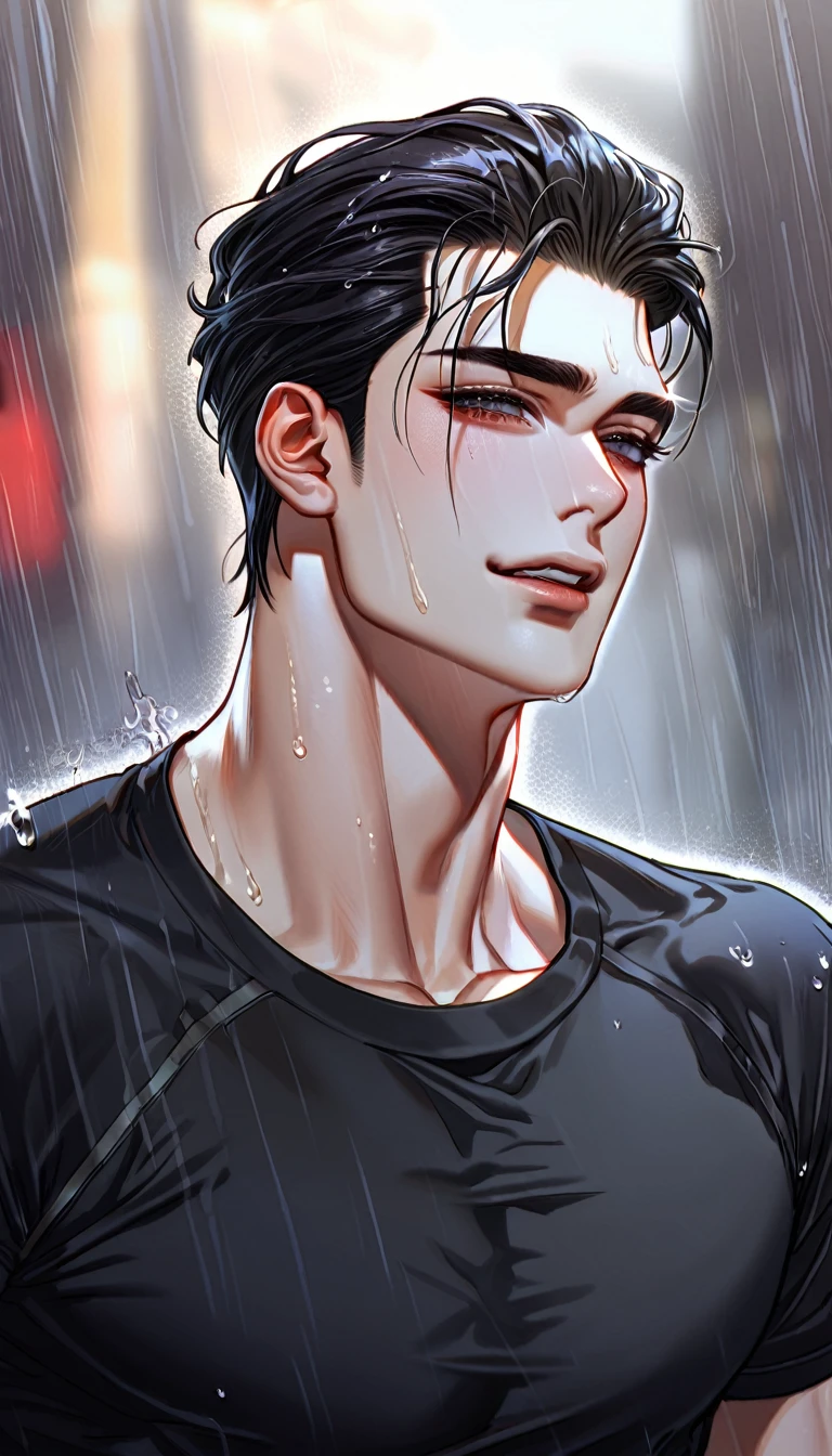 absurdres, highres, ultra detailed, HDR, master piece, best quality, perfect eyes, defined appearance, Joo Jaekyung, black hair, slicked back, ruffled, expressive gray eyes, Jinx, solo, sexy man, handsome, smirking, horny, toned, black tight T-shirt, erotic, sensual, soaked, raining, street