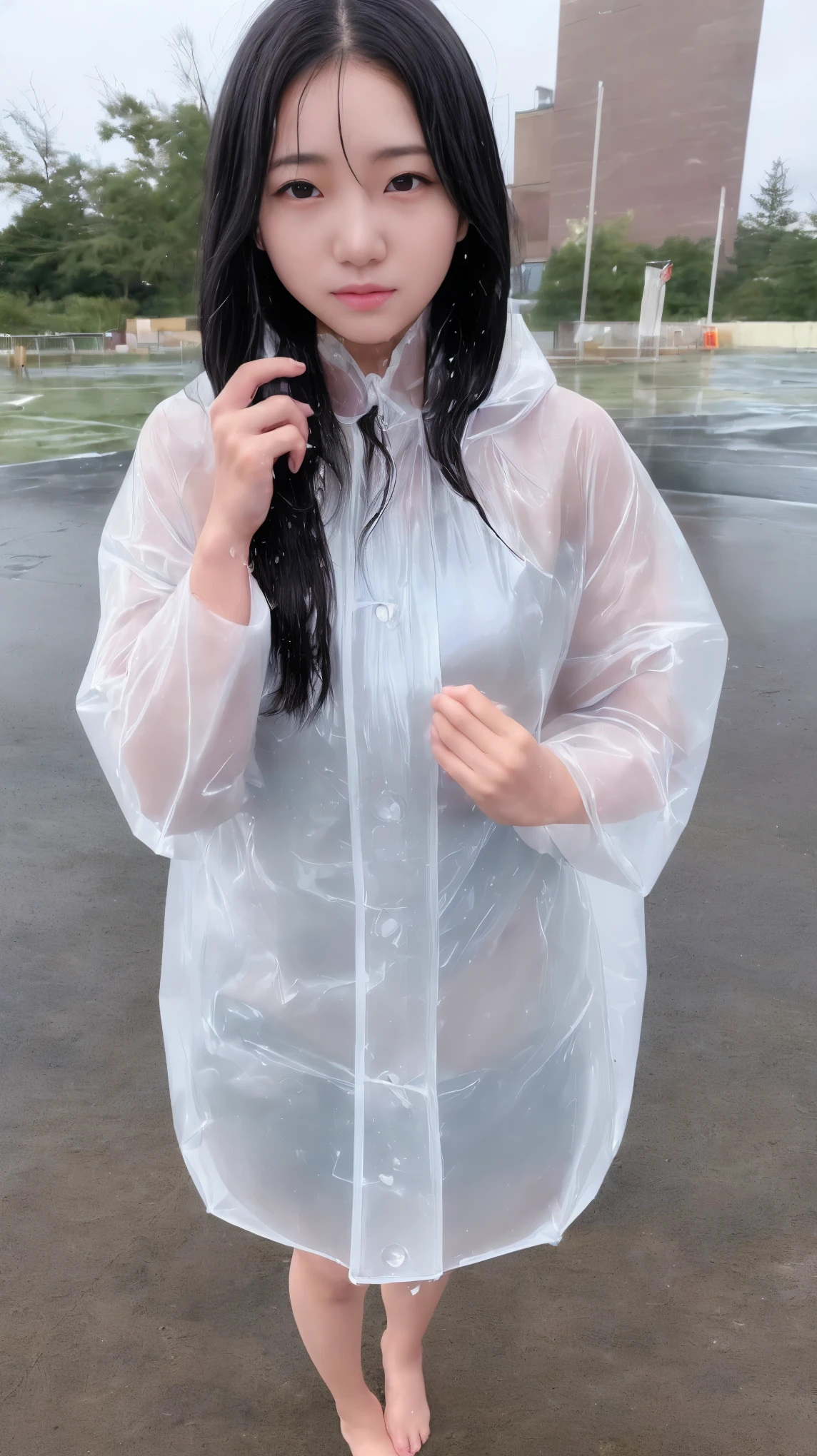 Browsing Caution、最high quality、high quality、Best image quality、8K、最High resolution、High resolution、最high quality、masterpiece、Detailed and realistic human body、Detailed and realistic skin、Realistic face in every detail、Realistic reproduction of every detail、Detailed and realistic lips、Detailed and realistic teeth、Detailed and realistic ears、Detailed and realistic hair、Detailed and realistic weapons、Realistic reproduction of every detail、Realistic fingers in every detail、(Beautiful Hands、thumb1reference4)、Realistic feet down to the last detail、Realistic breasts down to the last detail、Realistic areola down to the last detail、Realistic nipples down to the last detail、Realistic pussy down to the last detail、Realistic vagina down to the last detail、((Realistic pubic hair down to the last detail:1.3))、((Beautiful Japanese Girl))、(Japanese Model)、((Cute Japanese Girl))、((Beautiful 18 year old girl))、(Black Hair)、(Straight hair)、(Random Hairstyles)、((whole body))、((Upward beautiful breasts))、(Stylish model figure)、(whole body光沢肌、Fair skin)、((Full nudity、All Nude))、((暗い cold stormy weather))、((Pouring rain))、((In the Storm))、((School Playground))、((Pouring rainの中(A girl standing in the center of the schoolyard))、((Colorful transparent vinyl(Raincoat))、((裸の上にRaincoatを着る))、((Pouring rainを浴びて(Soaked skin from head to toe))、((Rain dripping from the skin))、((Raincoat越しに彼女の裸体がはっきりと見える.))、((肌にピッタリとフィットしたRaincoat))、((Raincoatから滴る雨水))