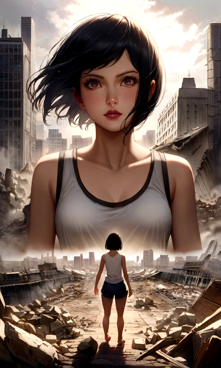 Size fetish illustration、giantess、Giantess、A woman taller than a building、Giant Woman Attacks、Small breasts、Realistic、anime、リアルanimeスタイル、short hair、Black Hair、Raise your giant legs、Dirty soles、Tank top、Shorts、Cute woman、Beauty、model、Portrait、Destroyed rubble、Distant view of the city、Crush the building、Great impact、Destructive、A devastating world、Low - Angle
