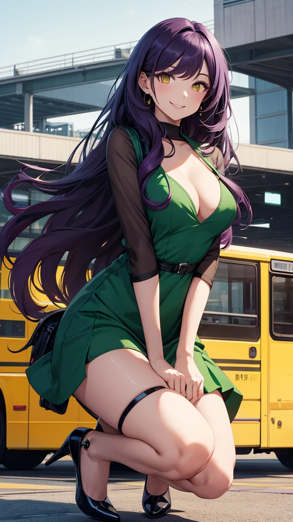 Beautiful Woman, Full Body, Crouching, Long Hair, Dark Purple Hair, Mini Green Dress, High Heels, Smiling, Yellow Eyes, Bus Station Background