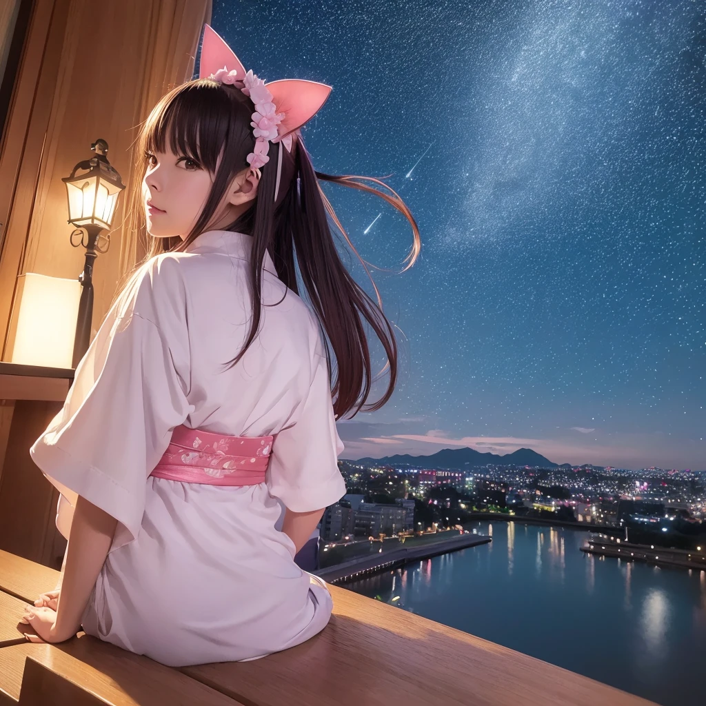 Anime cat girl wearing cat ears kimono, Looking over your shoulder, Anime drawing by Yang J, pixiv Contest Winner, Sequential Art, デジタルAnime illustration, kawashi, Anime-style illustrations, Anime Style 4k, Beautiful anime portraits, Anime style portrait, Anime-style artwork, Gwaise style artwork, Anime illustration, Digital anime art, Detailed Digital anime art, Beautiful starry sky, ((Beautiful night view))