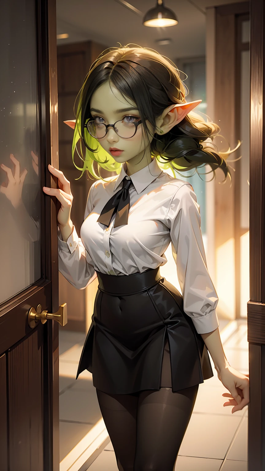 ((best quality)), ((masterpiece)), (detailed), perfect face, ((green skin)), pointy ears, very shy, tiny breasts, wearing black rimmed glasses, short dark hair, wearing white blouse and black skirt and black pantyhose and back pumps, (night outside), carrying purse, in an office building, heading for the door to go home, business attire, perfect hands, dynamic pose, soft lighting