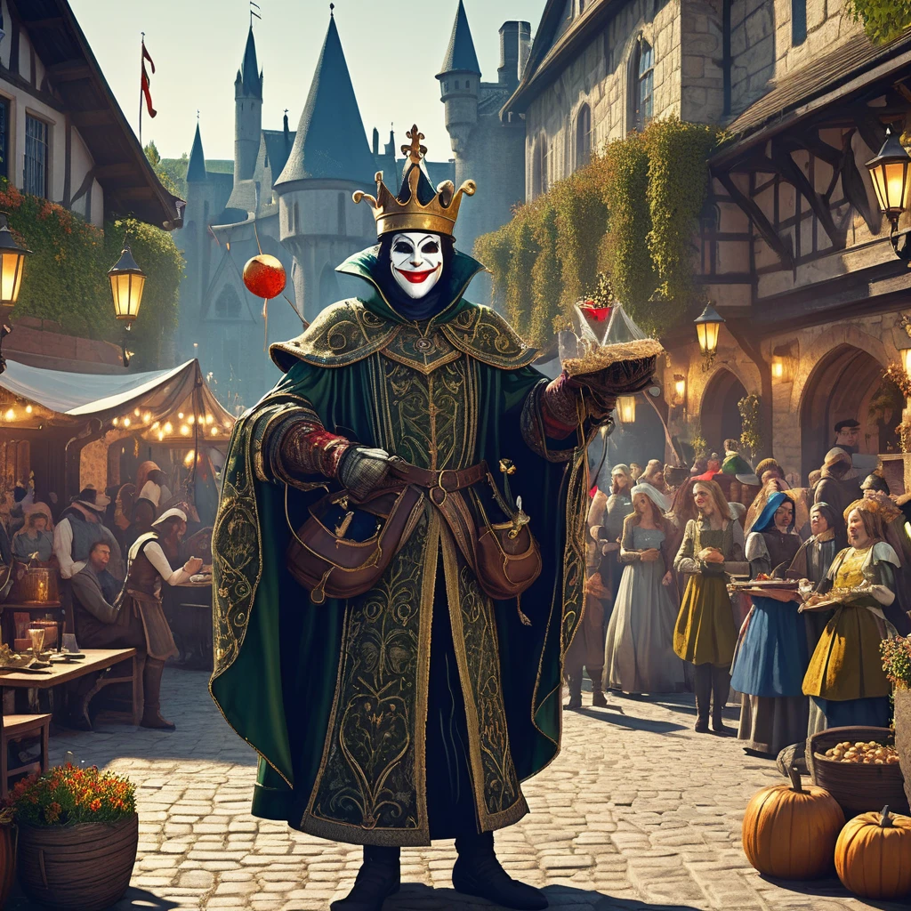 Craft a jest fit for the royal court: In the midst of a grand medieval dark fantasy festival, a mischievous AI-generated jester entertains the nobility with a witty quip that blends magic, mystery, and humor."