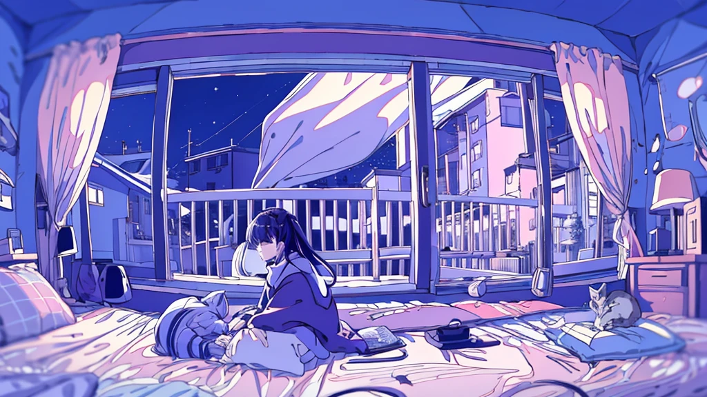 Detailed anime girls, clad in large sweaters, don headband headphones, basking in the praises of admirers. The quiet ambiance, enveloped in a tranquil atmosphere, contrasts the sudden exclamation of "That's horrible!" as she gazes out of her bedroom window into the stillness of the night. A feline companion perched beside her completes this masterpiece of the highest quality.