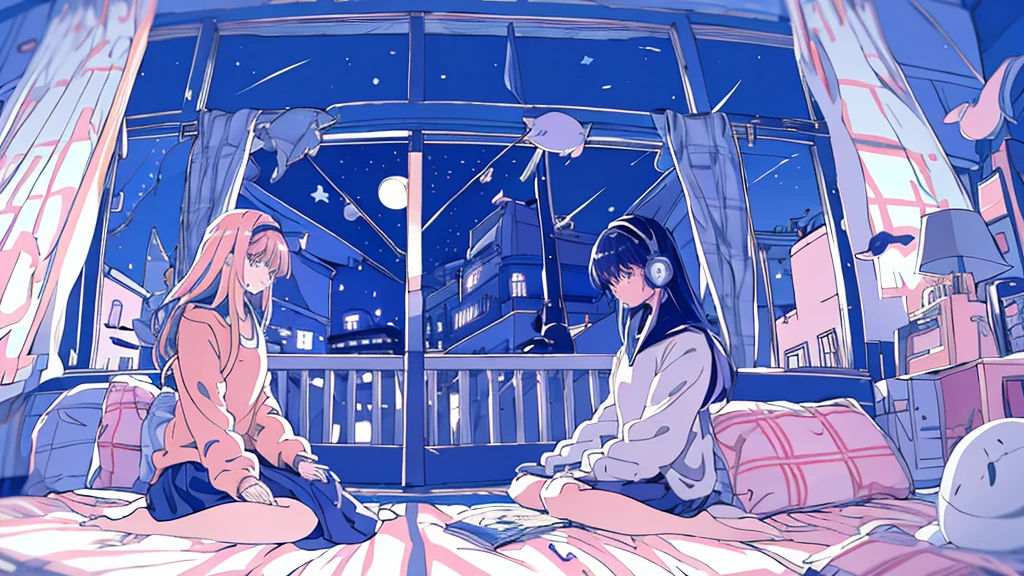 Detailed anime girls, clad in large sweaters, don headband headphones, basking in the praises of admirers. The quiet ambiance, enveloped in a tranquil atmosphere, contrasts the sudden exclamation of "That's horrible!" as she gazes out of her bedroom window into the stillness of the night. A feline companion perched beside her completes this masterpiece of the highest quality.