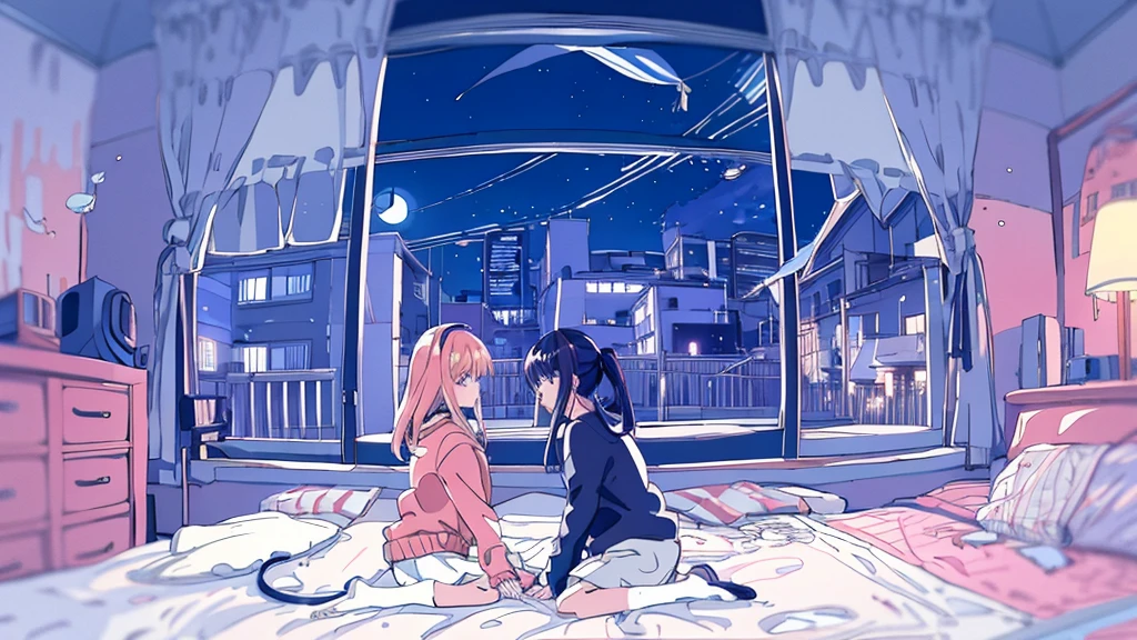 Detailed anime girls, clad in large sweaters, don headband headphones, basking in the praises of admirers. The quiet ambiance, enveloped in a tranquil atmosphere, contrasts the sudden exclamation of "That's horrible!" as she gazes out of her bedroom window into the stillness of the night. A feline companion perched beside her completes this masterpiece of the highest quality.
