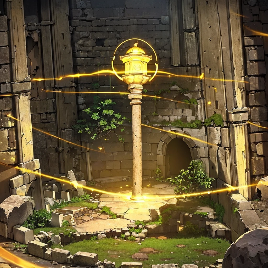 ((((No humans))))、Highest quality, Best Quality,((((Ancient ruins、rock、get lost、In the dungeon))))、Yellow glowing pedestal、(The whole thing shines)
