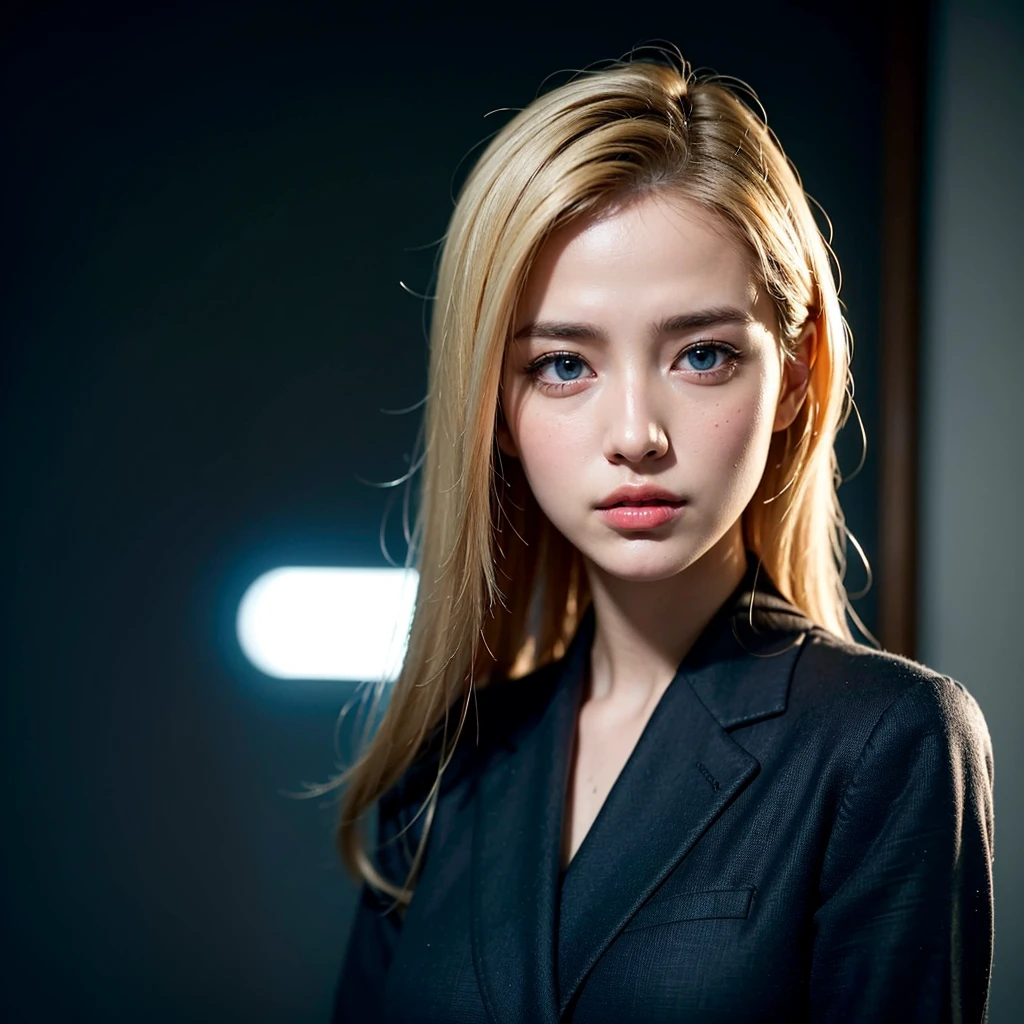 Best quality, masterpiece, ultra high res, (photorealistic:1.4), raw photo, 1girl, blonde hair, blue eyes,  detailed eyes and face, black suit, dynamic lighting, in the dark, deep shadow, low key, cowboy shot full-lenght body