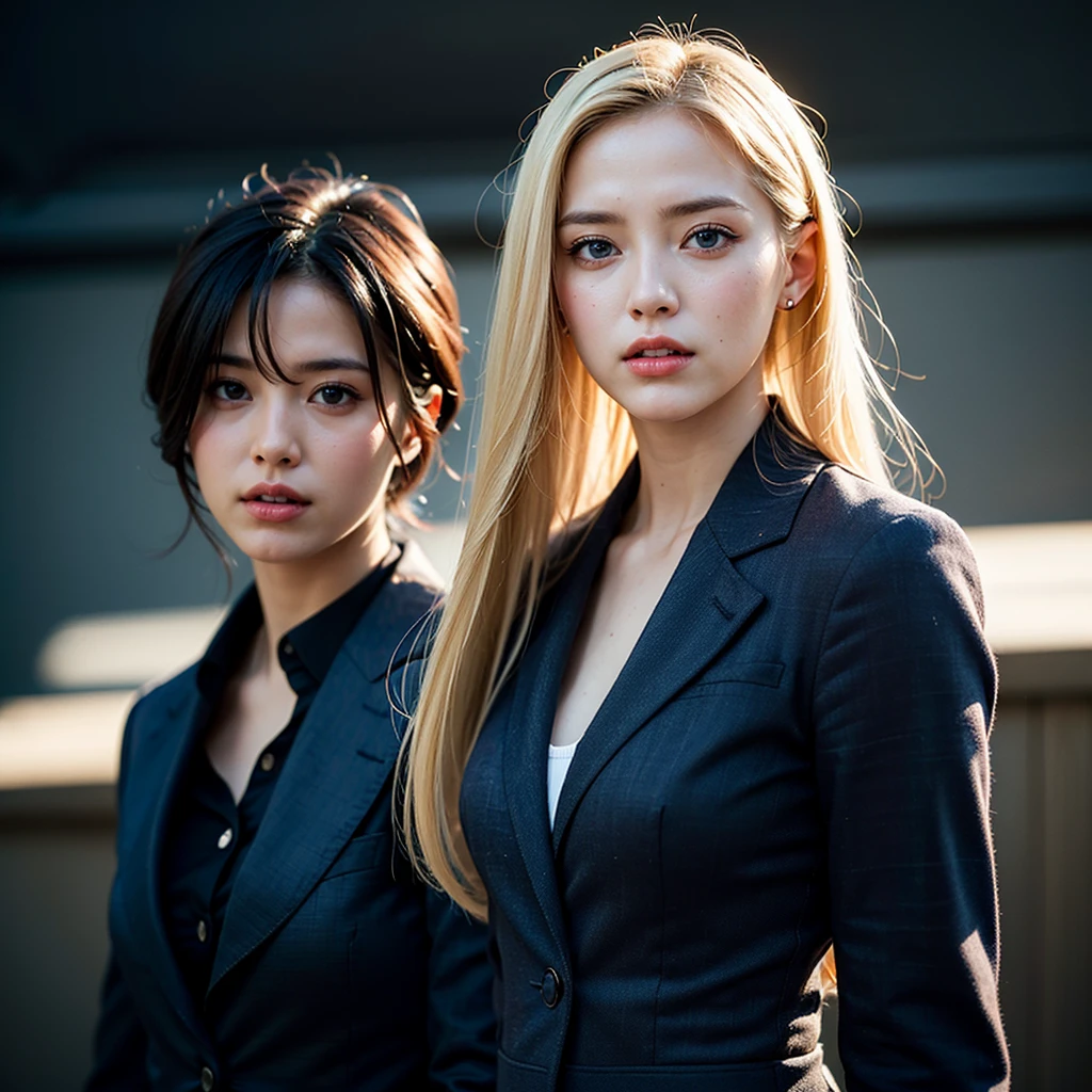 Best quality, masterpiece, ultra high res, (photorealistic:1.4), raw photo, 1girl, blonde hair, blue eyes, detailed eyes and face, black suit, dynamic lighting, in the dark, deep shadow, low key, cowboy shot full-lenght body