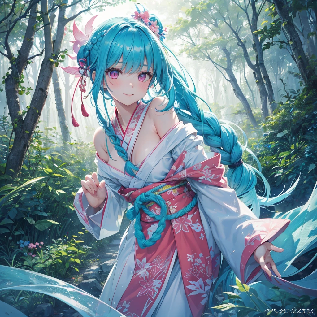 sky Blue hair, (braided ponytail),(pink eyes),fair skin ,(full body),1 girl,smile,white red kimono,(Fresh green forest),Forest Goddess,Straight Bangs,(masterpiece, best quality, ultra-detailed, best shadow), (detailed background), (beautiful detailed face), high contrast, (best illumination, an extremely delicate and beautiful), ((cinematic light)), colorful, hyper detail, dramatic light, intricate details,guardian of the forest,Leaf Blizzard,