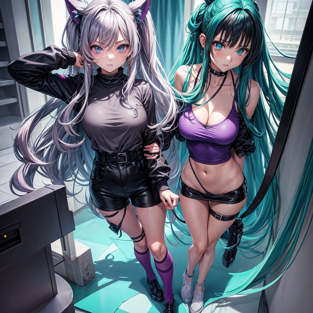 Anime panel, woman intense turquoise eyes, full body, gray wavy hair with purple highlights, serious, ear piercing, black casual outfit