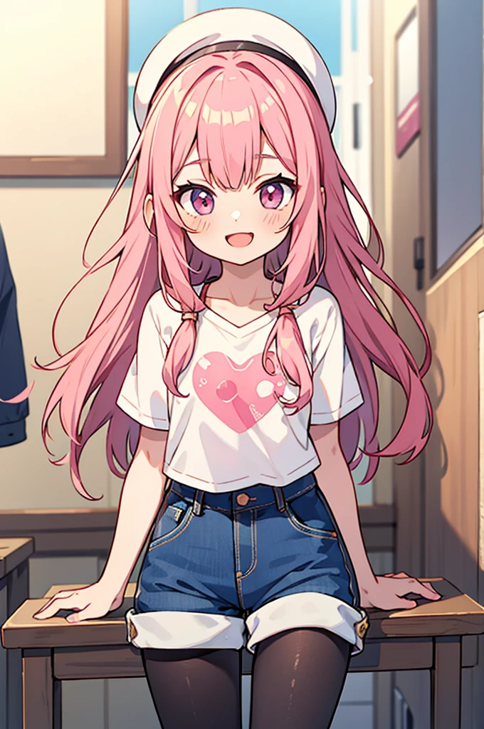 Anime style,shota,pink long hair,denim shorts,long pantyhose,beaming face,