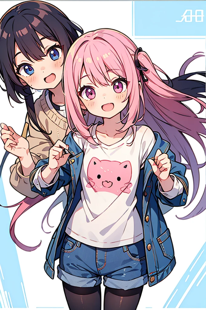 Anime style,shota,pink long hair,denim shorts,long pantyhose,beaming face,