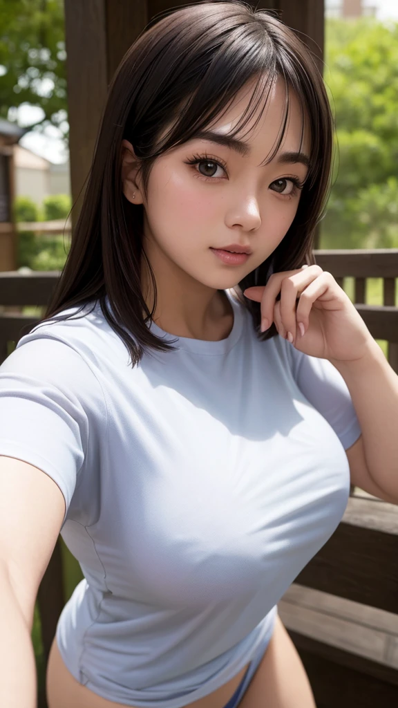 24-years-old, (Outdoors), Nipples visible through t-shirt, Lots of sexual pleasure, My cheeks are red., Beautiful Face, Big beautiful bust, High nose, Big beautiful eyes, Half-Filipino, half-Japanese face,