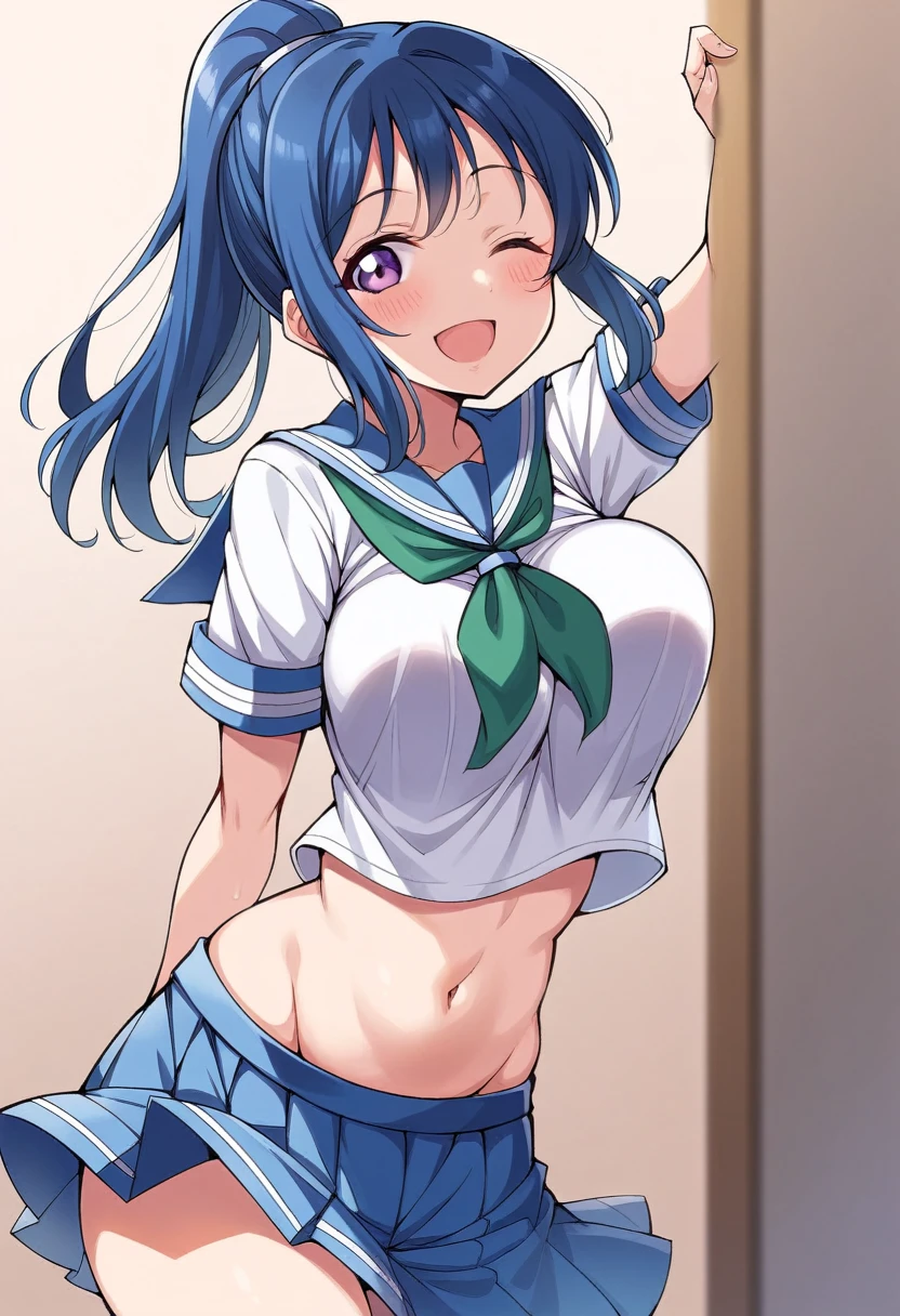 Matsuura kanan, love live style, solo, long blue hair, breasts, looking_at_viewer, blush, smile, open_mouth, bangs, skirt, large_breasts, shirt, navel, school_uniform, blue_hair, purple_eyes, white_shirt, ponytail, short_sleeves, thighs, pleated_skirt, one_eye_closed, serafuku, midriff, sailor_collar, arms_up, neckerchief, ;d, grey_skirt, uranohoshi_school_uniform, green_neckerchief, bouncing breasts , hentai girl, hentai style,ecchi girl, ecchi style , skirt sticking on crotch 