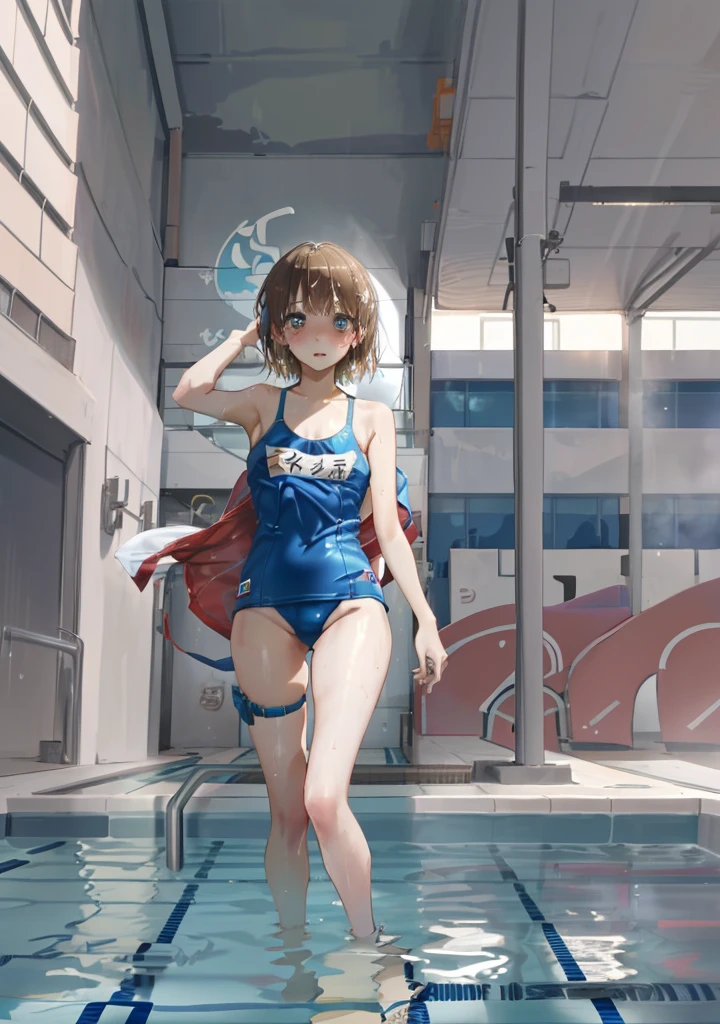 Chestnut Hair、Swimwear、Pool、one-piece swimsuit, strap slip、Poolサイド、Wet、Blushing、