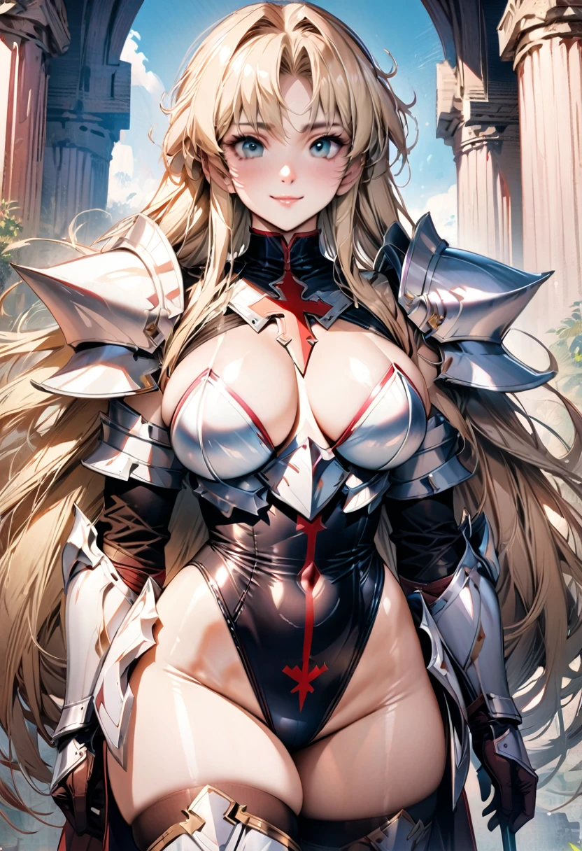 ((highest quality)), ((masterpiece)), ((hyperrealistic)), (detailed background), solo, 1girl, ((curvy: 1.2)), kawaii, gentle smile, ((temple knight)), langrisser, blonde braided long hair, Cross Sword, ((Large cross pattern Leotard: 1.5)), (paladin armor: 1.3), ((ArmoredDress)), ((Tight-fitting leotard bodysuit)), ((large breasts)), ((arm guard gauntlet)), leather long gloves, ((zettai ryouiki thigh boots)), (big butt), (cleavage cutout), (Groin), (thigh), (See-through black pantyhose), beautiful aqua eyes, droopy eyes, parted bangs, perfect face, Perfect hands, perfect fingers, Blue sky and grassland, posing,
