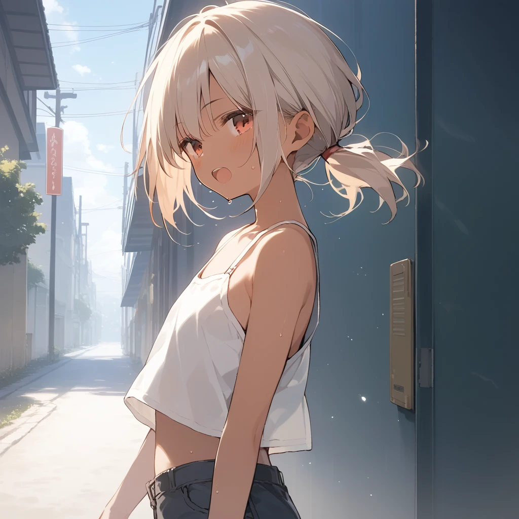 score_9, score_8_up, score_7_up, source_anime, best quality, masterpiece, official art, absurdres, highres, ultra-detailed,waifu2x,Collection: Slice of Life,break,1girl, tomboy, dark-skinned female, short hair, low ponytail, flat chest, beautiful detailed eyes, short shorts, sweat, open mouth, (yawn:0.3), sleepily, outdoors, wind, break,(clear line illustration:1.2),very high resolution, very aesthetic, super detailed skin, Best sexual lighting powered by famous artist, 8k,cute picture,beauty illustration,photoshop_(medium),,(Detailed Lighting),best anime 8k konachan wallpaper, pixiv contest winner,