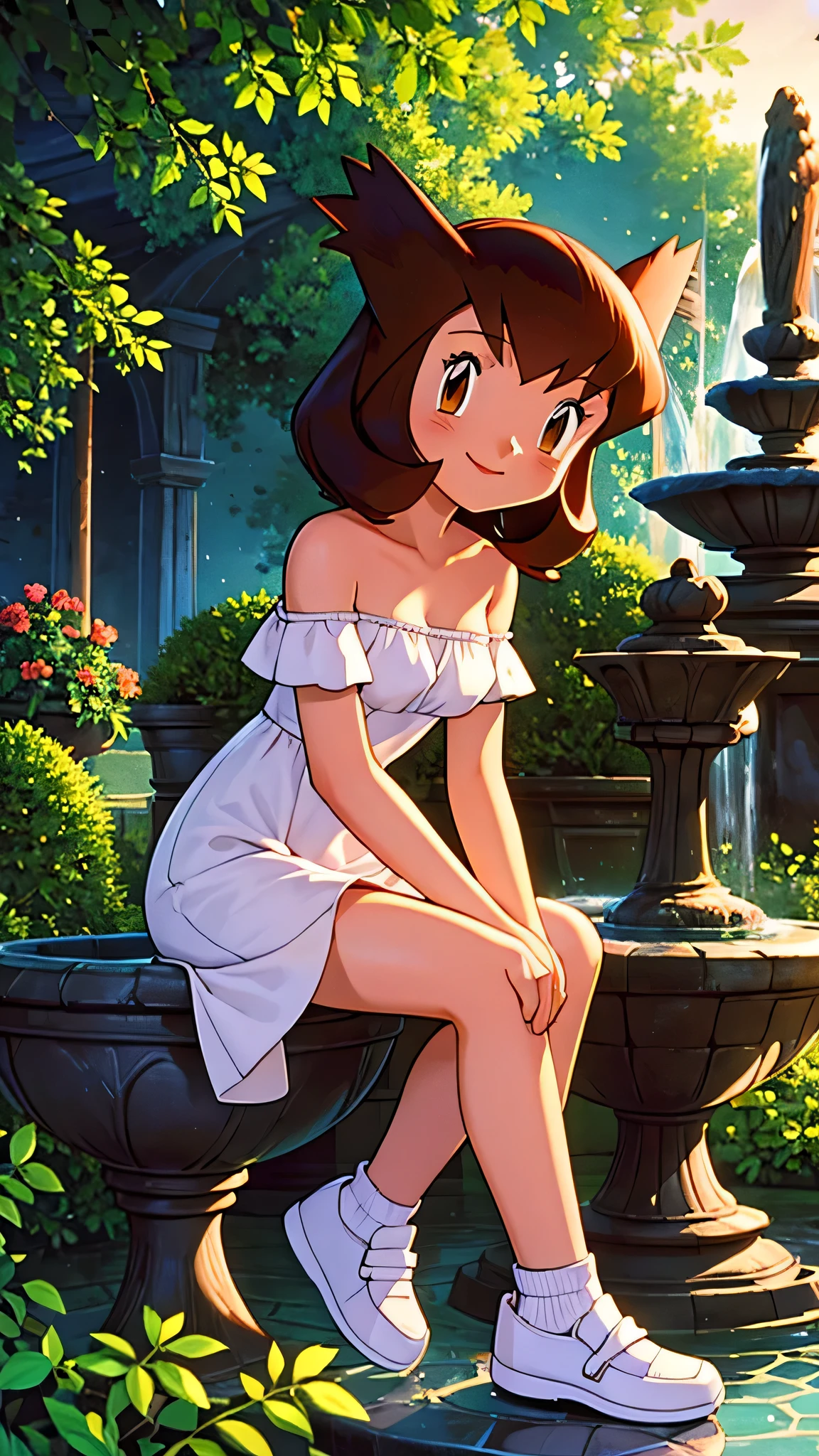 masterpiece, best quality, ultra-detailed, illustration, beautiful detailed eyes, very detailed illustration, cinematic lighting, 1 girl, solo, Pokemon Heroes (Bianca), Brown Hair, brown eyes, 1 girl, solo, bare shoulders, strapless, off shoulders, ruffle off the shoulder top, white maxi dress, intricate details, sharp focus, high resolution, evening light, purple sundown, garden and forest, sitting on a water fountain, cowboy shot, white shoes, full body, light smile, wide field