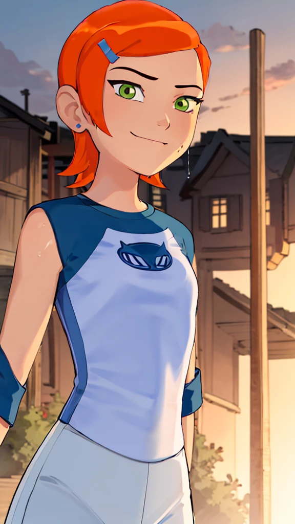 ((best quality)), ((highly detailed)), masterpiece, absurdres, (detailed eyes, deep eyes), (1girl), dynamic pose, upper body, gwen, hairclip, smiling, blue shirt, raglan sleeves, white pants, (outside, in a wild west town, sunset) , hot body , seyy , medium breasts , wet