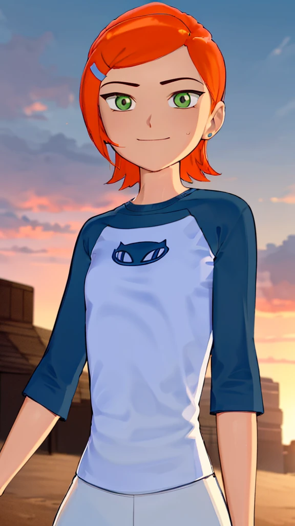 ((best quality)), ((highly detailed)), masterpiece, absurdres, (detailed eyes, deep eyes), (1girl), dynamic pose, upper body, gwen, hairclip, smiling, blue shirt, raglan sleeves, white pants, (outside, in a wild west town, sunset) , hot body , seyy , medium breasts , wet