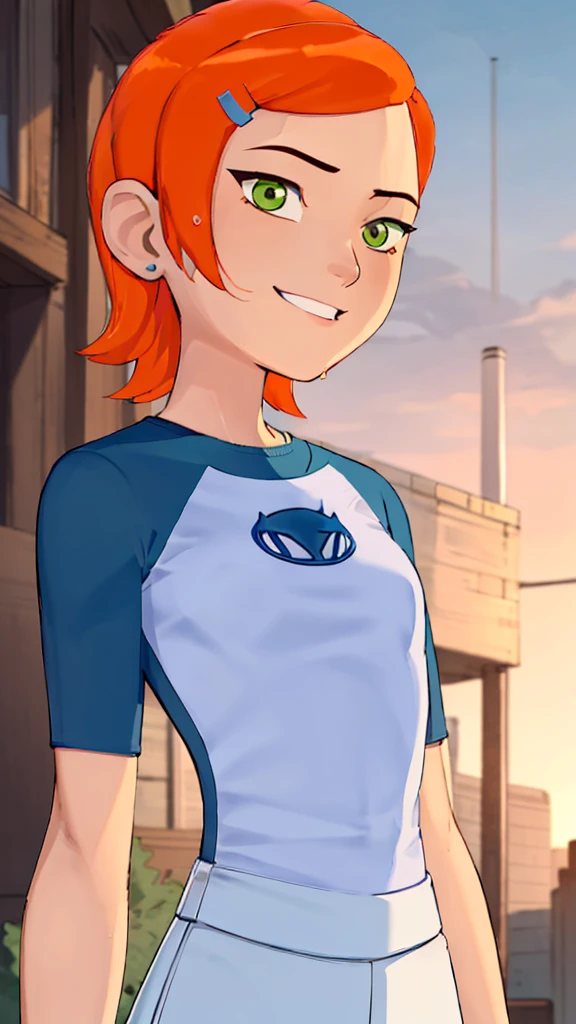 ((best quality)), ((highly detailed)), masterpiece, absurdres, (detailed eyes, deep eyes), (1girl), dynamic pose, upper body, gwen, hairclip, smiling, blue shirt, raglan sleeves, white pants, (outside, in a wild west town, sunset) , hot body , seyy , medium breasts , wet