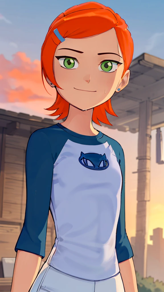 ((best quality)), ((highly detailed)), masterpiece, absurdres, (detailed eyes, deep eyes), (1girl), dynamic pose, upper body, gwen, hairclip, smiling, blue shirt, raglan sleeves, white pants, (outside, in a wild west town, sunset) , hot body , seyy , medium breasts , wet