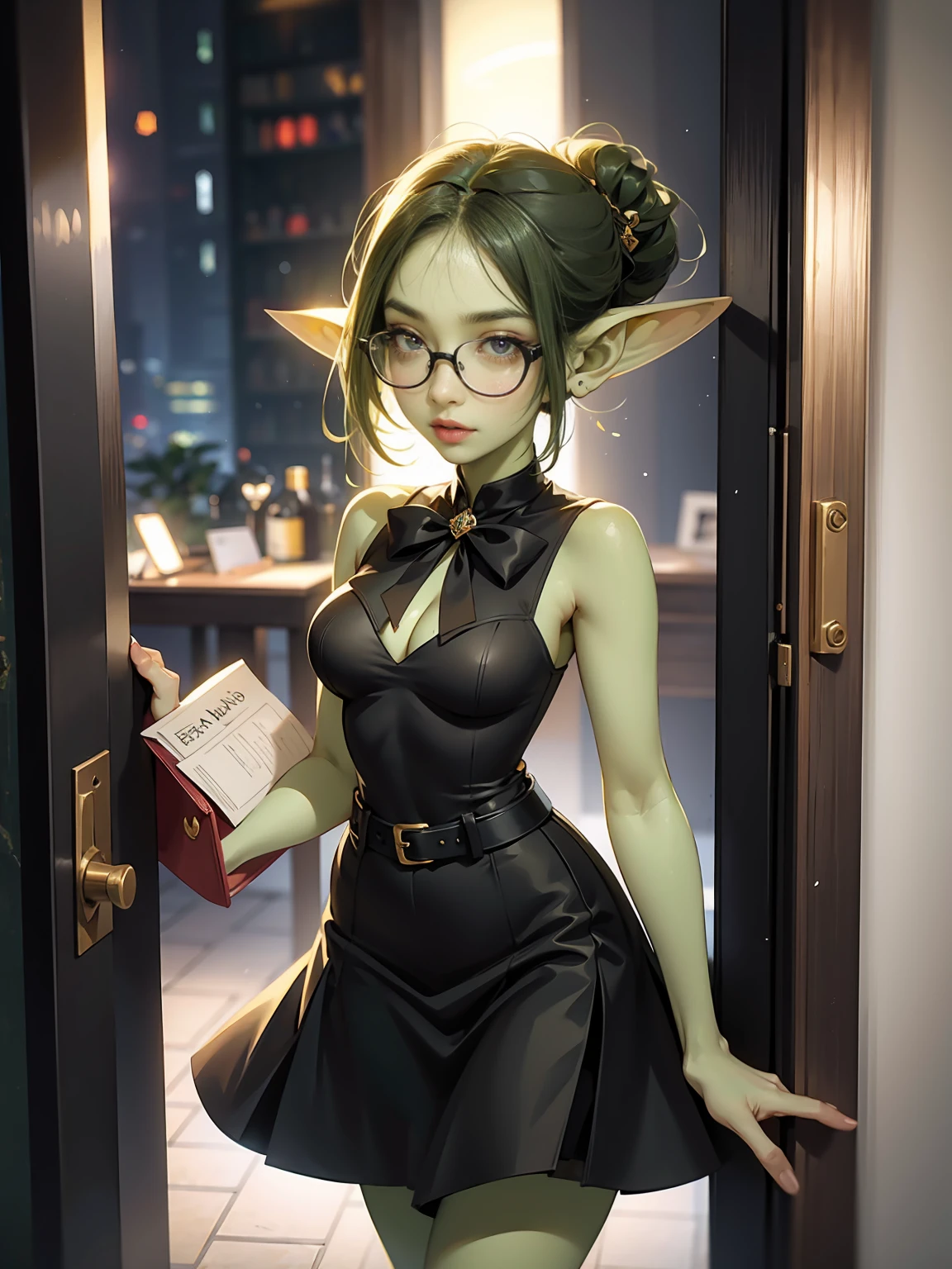 ((best quality)), ((masterpiece)), (detailed), perfect face, ((green skin)), pointy ears, very shy, tiny breasts, wearing black rimmed glasses, short dark hair, wearing white blouse and black skirt and black pantyhose and back pumps, (night outside), carrying purse, in an office building, heading for the door to go home, business attire, perfect hands, dynamic pose, soft lighting
