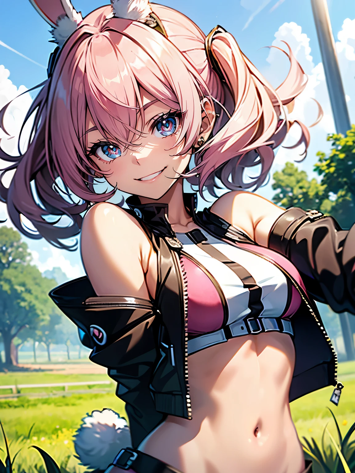 ((Seductive Anime Girl:1.3, solo:1.5))、((teenage girl:1.2))、((fusion of rabbit and girl:1.4))、((Running:1.3, ))、((happy smile:1.3))、energetic、((pink color, leather clothes))、((Being in grassland:1.3)), erect nipples、((open clothes:1.2))、((crop top navel:1.2))、((small breasts))、((sleeveless:1.2))、((Glossy realistic skin texture))、masterpiece, ultra-detailliert, 8k, hiquality, Top image quality, digitial illustration, Smooth texture