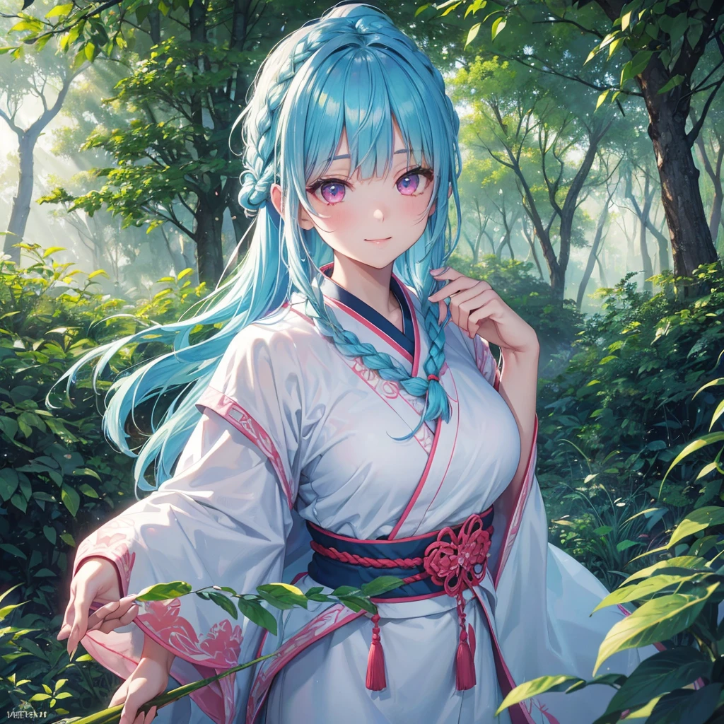 sky Blue hair, (braided ponytail),(pink eyes),fair skin ,(full body),1 girl,smile,white red kimono,(Fresh green forest),Forest Goddess,Straight Bangs,(masterpiece, best quality, ultra-detailed, best shadow), (detailed background), (beautiful detailed face), high contrast, (best illumination, an extremely delicate and beautiful), ((cinematic light)), colorful, hyper detail, dramatic light, intricate details,guardian of the forest,Leaf Blizzard,
