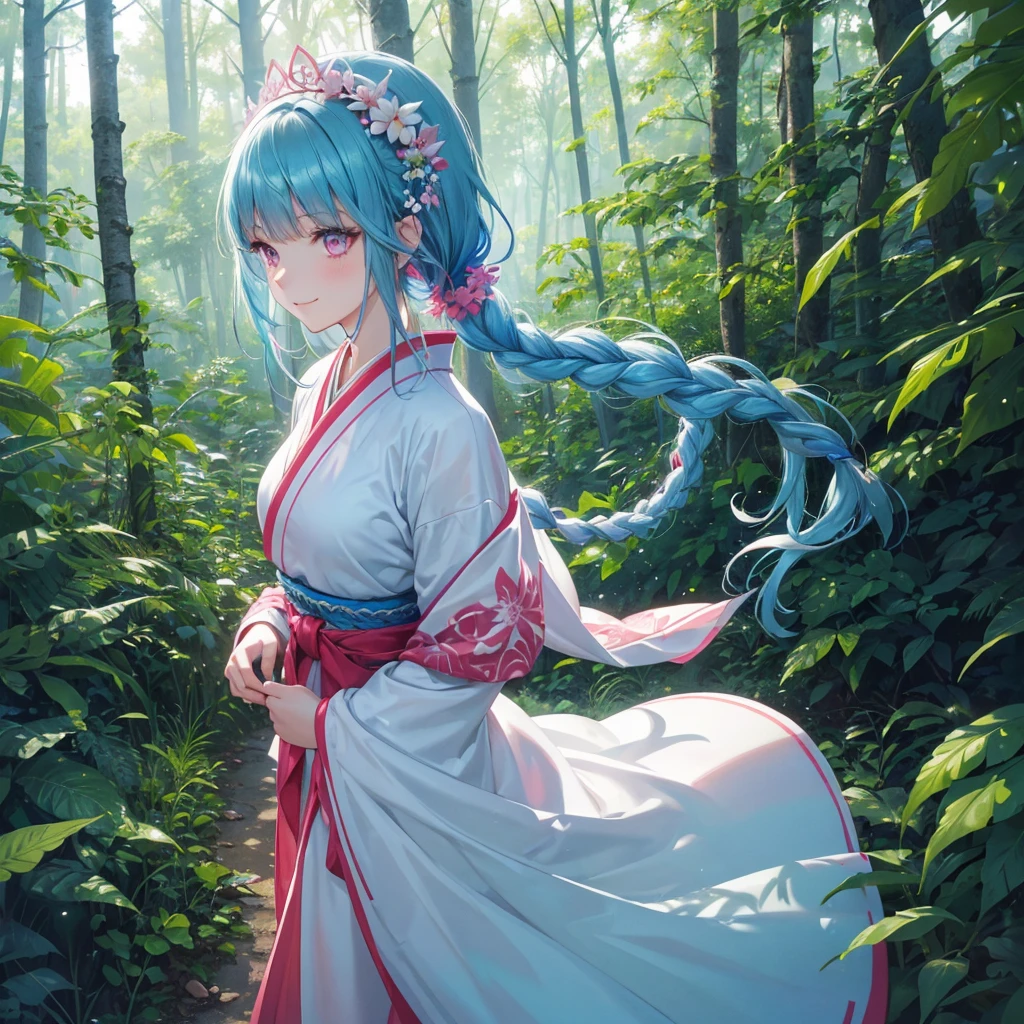sky Blue hair, (braided ponytail),(pink eyes),fair skin ,(full body),1 girl,smile,white red kimono,(Fresh green forest),Forest Goddess,Straight Bangs,(masterpiece, best quality, ultra-detailed, best shadow), (detailed background), (beautiful detailed face), high contrast, (best illumination, an extremely delicate and beautiful), ((cinematic light)), colorful, hyper detail, dramatic light, intricate details,guardian of the forest,Leaf Blizzard,