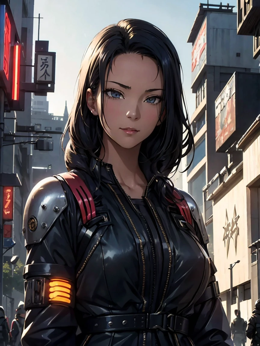 Beautiful hyperrealistic photograph of cute smiling Japanese cyberpunk female, wearing (((cyberpunk armor))), (((combat harness))), shapeless cyberpunk hair, elegant pose, cyberpunk street background, abstract beauty, near perfection, pure form, Golden Ratio, minimalism, concept art, By Brian Froud and Carne Griffiths and Wadim Kashin, intricate detail, 8k post-production, High resolution, super Detail, trending on ArtStation, sharp focus, studio photos, intricate detail, Very detailed, By Greg Rutkowski